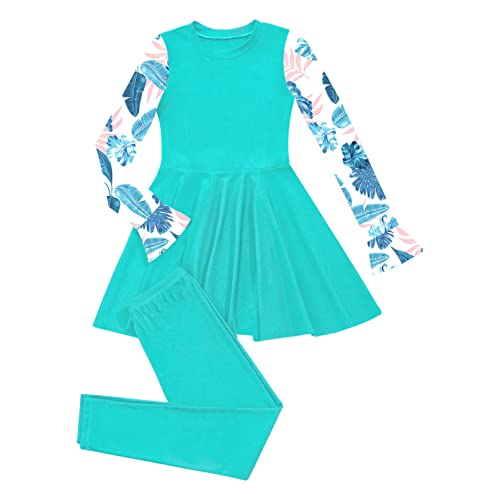 Kids Girls Floral 2 Pcs Modest Swimsuit Long Sleeve Swimdress with Leggings Burkini Sets3