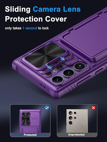 Image of Vihibii for Samsung Galaxy S24 Ultra Back Cover with Card Holder (4 Cards) & Slide Camera Cover & Kickstand, Shockproof Rugged Hard Back & TPU Soft Edge Case for Galaxy S24 Ultra, Dark Purple