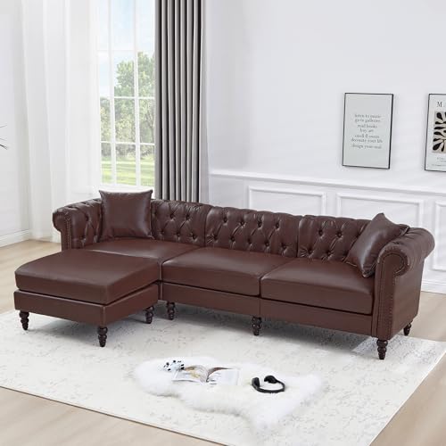 Image of LEVNARY 108 inch L-Shaped Chesterfield Sectional Couch with Movable Ottoman, Upholstered PU Leather 4-Seat Couch with Rolled Arms, Mid-Century Corner Sofa for Living Room Bedroom Office (Dark Brown)