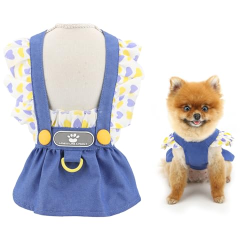 SMALLLEE_LUCKY_STORE 犬 服 春 夏 ワンピース 女の子 デニム ペット服 超小型犬 小型犬 フリルカフ 犬の服 Dリング付き 犬用スカート 洋服 ドッグウェア 犬 ウェアー チワワ 服 夏用 薄手 記念撮影 誕生日 お散歩お出かけウェ