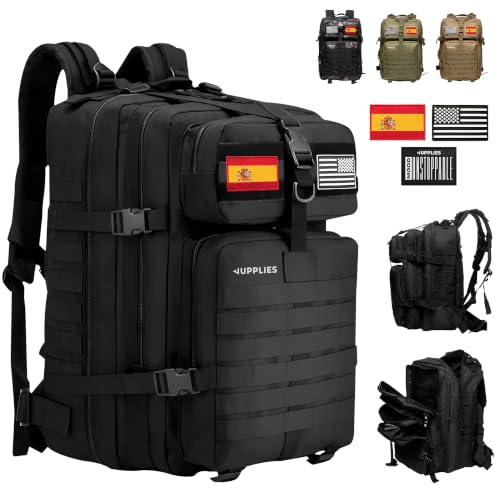 JUPPLIES Mochila Tactica Militar 45L Impermeable Oxford 600D IPX5 con Sistema MOLLE y Cremalleras Reforzadas – Gran Capacidad para Crossfit, Gimnasio, Senderismo, Viajes o Supervivencia(Negro)