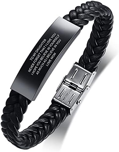 FLHEART to My Daughter Gift - Stainless Steel Leather Bracelet Engraved Motivational Love Quote Always Remember Inspirational Graduation Anniversary to Womens Girls Daughter from Mom Dad