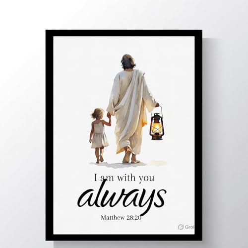 Image of Jesus With Child Wall Art Frame I Am With You Always Matthew 28 20 Christian Wall Decor Bible Verse Photo Frame Religious Gift Home Decor (12X8 Inch A4)