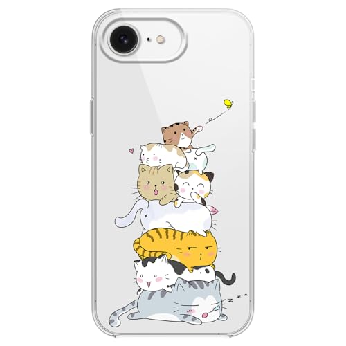FancyCase Compatible with Cellphone Case (6.1inch)-Cute Stacked Cat Design Funny Cartoon Animal Pattern Flexible TPU Protective Clear Case (Stacked Cats, SE4)