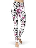 sissycos Women's Sugar Skull Leggings Buttery Soft Rose Printed Halloween Stretchy Pants (Large, Light Pink)