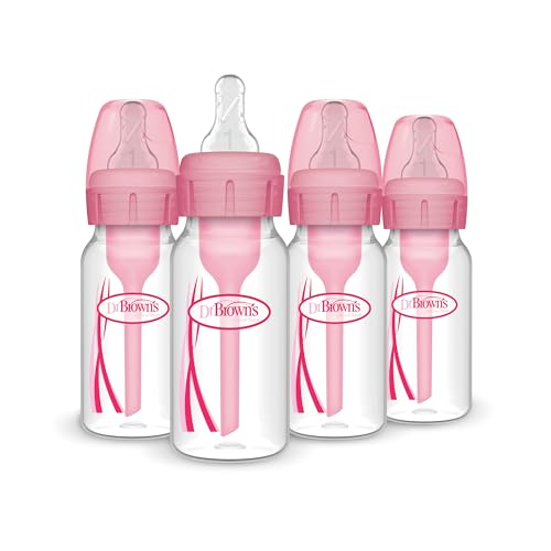 Dr. Brown's Natural Flow Anti-Colic Options+ Narrow Baby Bottle, 4 oz/120 mL, with Level 1 Slow Flow Nipple, Pink, 0m+, 4 Pack