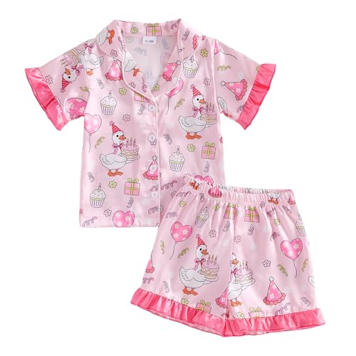 Kuriozud Kids Toddler Girl Birthday Pajamas Short Sleeve Satin Button Down Shirt and Shorts Summer 2pcs Pjs Sets Sleepwear (Cake Goose Pink 12-18 Months)