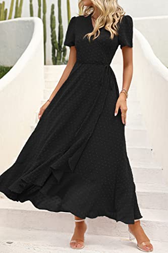 Image of PRETTYGARDEN Women's Summer Wrap Maxi Dress Casual Boho Floral V Neck Short Sleeve Ruffle Hem Split Beach Long Dresses