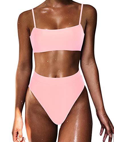 MOSHENGQI Women High Wasited Bikini Shoulder Strap 2 Piece High Cut String Swimsuits, 33 Pink, Small