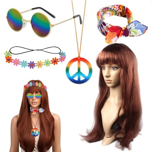 CZAYEFNH Gafas Hippie, Disfraz Completo para Mujer y Hombre   Accesorios como Collar y Bigote Postizo