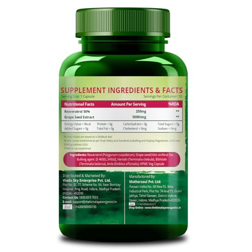 Image of Vlado's Himalayan Organics Resveratrol 255mg with Grape Seed Extract Supplement - 10 Veg Capsules