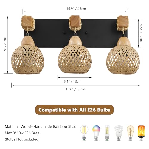 Image of LmnLvn Farmhouse Bathroom Light Fixture, 3-Light Boho Vanity Light, Bamboo Bathroom Light Fixture Over Mirror Rustic Vanity Lighting with Handmade Bamboo Shades, Suit for Restroom, Bedroom, Hallway