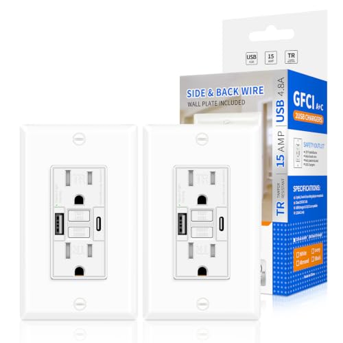 15A GFCI Outlet with USB C&amp;A, Self-Test TR ETL Listed White 2 Pack