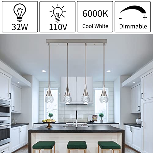 ROYAL PEARL 4-Light LED Pendant Light Dimmable LED Kitchen Lighting Teardrop Crystal Pendant Lighting for Dining Room Bedrooms Foyer Kitchen Living Room, 6000K Cool White, Brushed Nickel UL Listed - Image 3