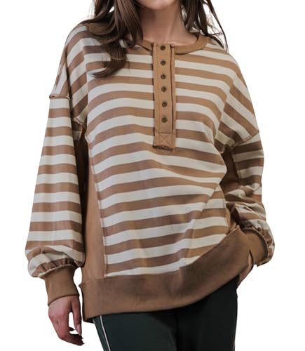 Women’s Oversized Striped Half Button Knit Top – Drop Shoulder,