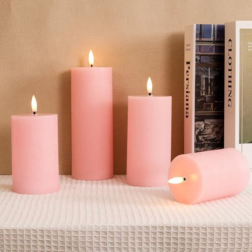 Image of Pink Flameless Candles, Real Wax Pillar Battery Operated Candles, Flat Top Flickering LED Pillar Candles with Remote, 4 Pack Fake Candles for Home Party Wedding Romantic Night Decor