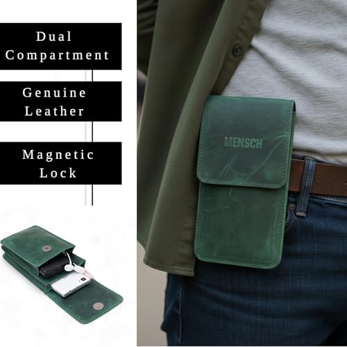 Image of MENSCH Genuine Leather Multifunctional Phone Mobile Pouch Waist Bag with Belt Loop for Accessories, Apple iPhones, Smartphones, Androids Upto 6.7 inch for Daily Use, Travelling for Men & Women (Green)