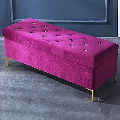 Lujoso banco de almacenamiento tapizado de terciopelo, elegante diseño de botones de cristal, muebles modernos de extremo de cama, colores verde y morado, ideal para decoración de sala de estar, 60 x