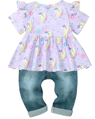 CARETOO Toddler Girl Outfit Purple Unicorn Shirt+Denim Jeans Baby Girl Outfits 12-18 Months