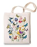 OUZ Flower Tote Bag - Aesthetic Butterfly Wildflower Canvas Bag for Women, Beach and Shopping - Reusable Grocery Tote (Beige-Butterfly2)