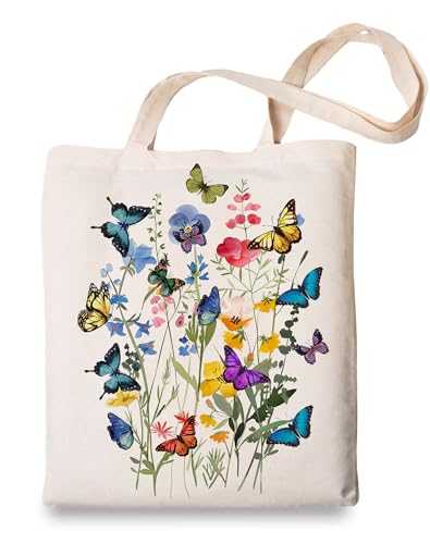 OUZ Flower Tote Bag - Aesthetic Butterfly Wildflower Canvas Bag for Women, Beach and Shopping - Reusable Grocery Tote (Beige-Butterfly2)