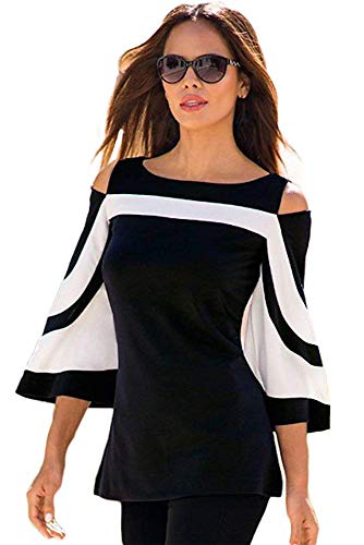 Women Blouses and Tops Black White Colorblock Bell Sleeve Cold Shoulder Top Shirt 2XL