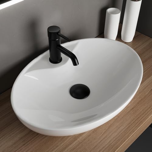 Alpenberger Bad Waschbecken Oval 66 cm Breit | Handwaschbecken Klein Gäste WC | Aufsatzwaschbecken mit Hahnloch | Waschschüssel für Badezimmer | Waschtisch Klein Waschschale