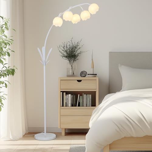 Image of HMVPL White Floral Floor Lamp, Cute Flower Standing Lamp for Bedroom, Modern Tall Lamp with 5 G9 LED Bulbs, Foot Switch, Acrylic Shade, Curved Floor Lamp for Living Room Corner Bedside Kids Home Decor
