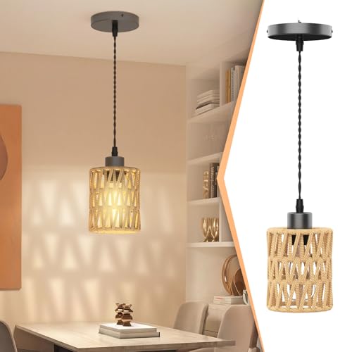 Sytmhoe Farmhouse Hemp Rope Pendant Light - Rustic Hand-Woven Rattan