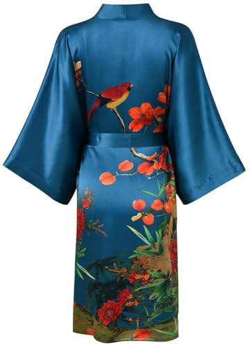 Image of Women's Silk Kimono Robe Short Bathrobe Nightgown 100% Mulberry Silk for Women - Classic Floral Pattern