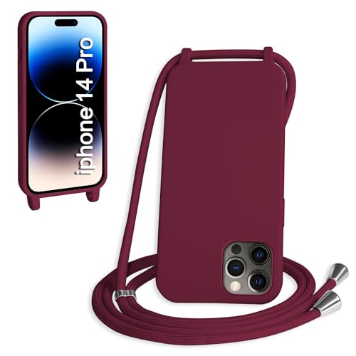 WenBaby Funda con Cuerda para iPhone 14 Pro, Líquida Silicona Carcasa con Cordón Ajustable Collar Correa de Cuello, Cubierta Prueba Golpes con Microfibra Forro (Rojo)