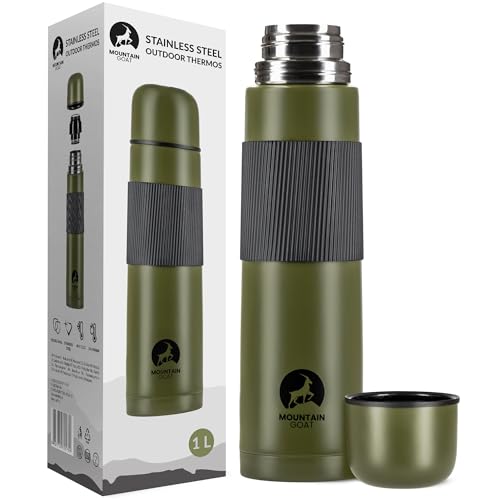 MOUNTAIN GOAT Isolierflasche 1L aus Edelstahl, Thermoskanne für Kaffee & Tee, Auslaufsichere, Vakuumflasche mit Trinkbecher, Hält 12h Heiß & 24h Kalt, Für Outdoor, Wandern, Auto, Sport, Grün