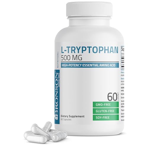 Bronson L-Tryptophan 500 MG High Potency Essential Amino Acid Supports Relaxation & Positive Mood Support Non-GMO 60 Capsules