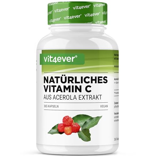 vit4ever Natürliches Vitamin C aus Acerola Extrakt - 365 Kapseln - Hochdosiert - Premium Rohstoff - Ohne unerwünschte Zusätze - Vegan