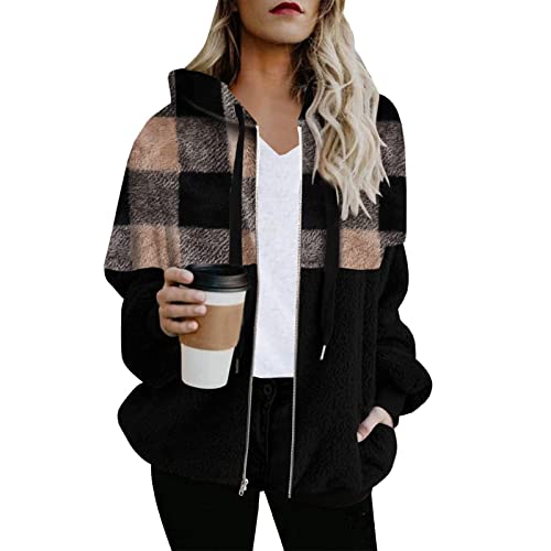 Amikadom Shacket para senhoras outono inverno xadrez quente felpudo com capuz jaqueta capuz roupas f