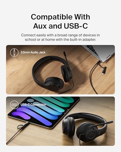 Image of Belkin SoundForm Inspire Wired Over-Ear Headset for Kids, Online Learning & Travel w /Built-in Boom Mic, 85dB Safe Volume Limit - USB-C & 3.5mm - Compatible w /iPhone, iPad, Galaxy & More - Black