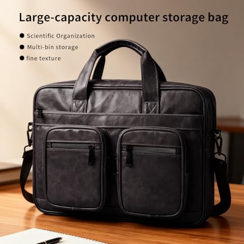 Image of MOCA PU Leather Laptop Bag for Men & Women | Office Briefcase | Multi-Pocket Messenger Bag | Fits 15.6 Inch Laptop | Adjustable Shoulder Strap
