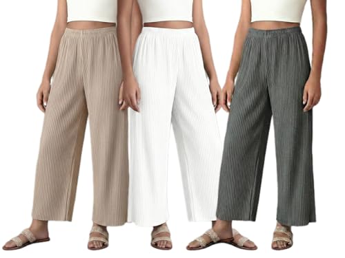 Image of Set of Combo Trouser and Pants for Girls and Women's Relaxed Fit Stretchable Regular Fit Palazzos Lightweight Elastic Waistband Bottoms for Daliy Office & Casual Wear