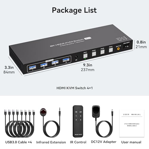 Image of HDMI KVM Switch 1 Monitor 4 Computers 8K 60Hz KVM Switches 4 Port for 4PCs Share 1 Monitor and Four USB Devices Like Keyboard Mouse Printer etc. Includes Accessories - 8K
