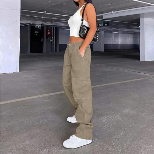 Image of Lepunuo Cargo Pants for Women High Waisted Casual Pants Baggy Stretchy Wide Leg Y2K Streetwear with 6 Pockets