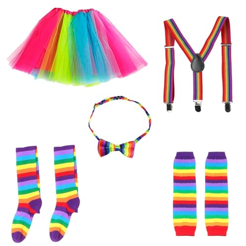Samuliy Disfraz de los años 80 para mujer, conjunto de accesorios de los años 80 con calentadores de piernas, vestidos de neón de estilo elegante de los años 80 con medias, guantes sin dedos, corbata,