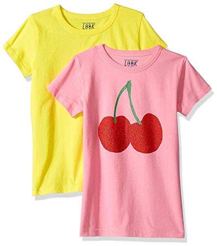 LOOK by Crewcuts - Camiseta de manga corta para niña, liso/estampado (2 unidades), Cherries/Yellow, 8