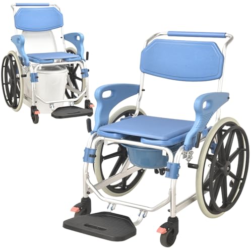 Silla portátil con cubo extraíble, altura ajustable y ruedas de bloqueo para ancianos, discapacitados y cuidado en el hogar después de la cirugía