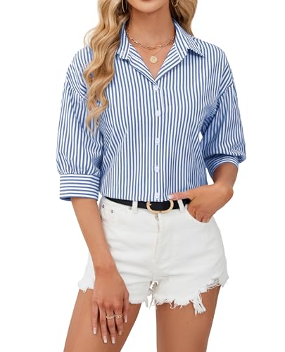 siliteelon Button Down Shirts for Women Striped Dress Shirts 3/4 Sleeve Wrinkle Free Casual Collared Blouse Office Work Shirt