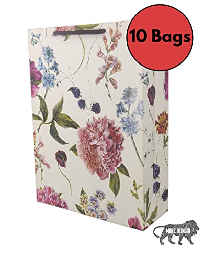 Image of Arrow Paper Products Alekhya Design Paper Gift Bags for Return Gift, Small Presents, Weddings, Birthday, Holiday Presents, Multicolor(20.32 x 7.62 x 27.94 Cm, Pack of 10)