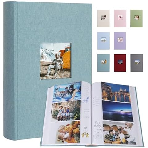 1DOT2 Photo Album 4x6 420 Photos with Writing Space, 4x6 Photo Album Linen Cover with Memo Slip-in Pockets, 420 Photos 4x6 Pictures Album Book for Wedding Kids Travel Family Baby (Cyan Blue) Cover