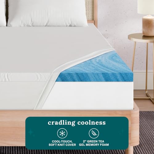 Image of Sleep Innovations 2 Inch Green Tea Gel Memory Foam Mattress Topper with Cool-Touch Cover, King, Medium Feel, Pressure Relief, for All Sleep Positions