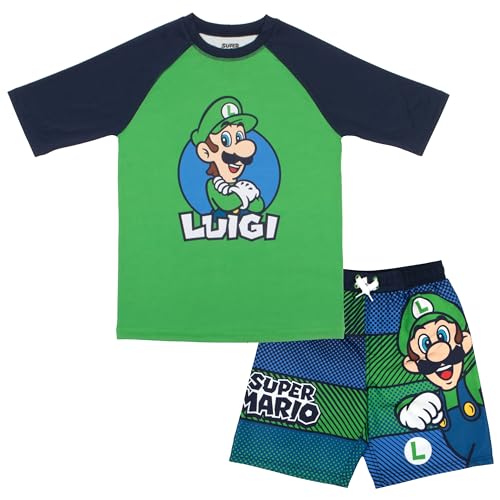 Nintendo Super Mario Bros Luigi Boys Casual Summer 2-Piece Set - Short Sleeve Shirt and Drawstring Trunks Shorts Graphic Rash Guard Swim Suit Wear Bundle Outfit for Kids (Green Size 7)