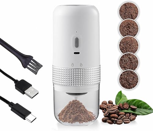 Nicoone Electric Coffee Grinder,Cordless Ceramic Burr Coffee Bean Grinder with Multi Grind Setting,USB Rechargeable Automatic Ceramic Conical Burr Grinders for Beans, Nuts, Grains (White)