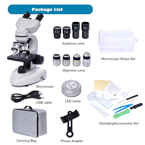 SELFIE CAT Microscópio composto binocular, ampliação 200X-5000X, composto de binóculos de LED para m
